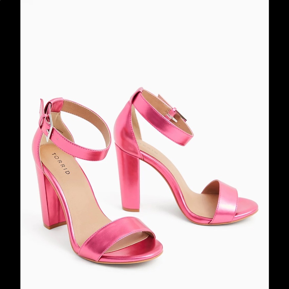 New- METALLIC PINK FAUX LEATHER ANKLE STRAP TAPERED HEEL